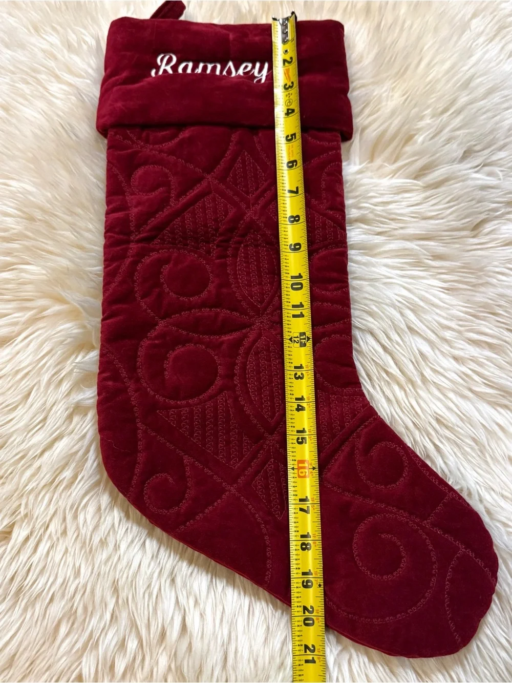 Pottery Barn Personalized Quilted Velvet Christmas Stocking Burgundy “Ramsey”